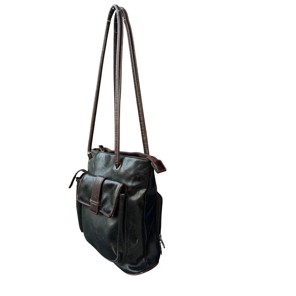 Vintage Black Brown Leather Multi Pocket Shoulder Bag Tote